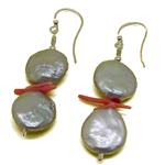 El Coral Earrings Flat Round Grey Pearls and Pink Coral Points