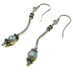 El Coral Earrings White Pearls 6mm with Silvered Pendant and Details
