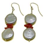 El Coral Earrings Flat Round Grey Pearls and Red Coral Points