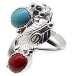 Coralli di Sardegna Red Turquoise Coral Ring 6x8mm Silver Adjustable