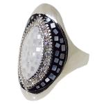 Coralli di Sardegna Silver Ring Zircons Mother of Pearl Enamel Black White Oval Adjustable