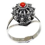 Coralli di Sardegna Anillo Coral Rojo Bola 3mm Filigrana Plata Bruñida Ajustable