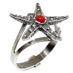 Coralli di Sardegna Red Coral Ring Ball 3mm Filigree Silver Burnished Adjustable Star