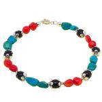 El Coral Bracelet Red Coral and Turquoise Baroque Balls with Black Agate Balls and Zamak