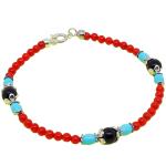 El Coral Bracelet Red Coral and Black Agate Balls with Turquoise Olives and Zamak