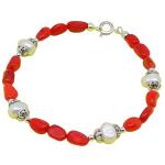 El Coral Bracelet Red Coral Baroque Balls with White Pearls and Zamak
