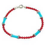 El Coral Bracciale Corallo Rosso Pallini da 3mm. e Turchese Tubetti svasati con Rondelle e Chiusura Argentati Lunghezza 19cm.