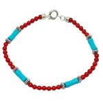 El Coral Bracciale Corallo Rosso Pallini da 3mm. e Turchese Tubetti svasati con Rondelle e Chiusura Argentati Lunghezza 18cm.