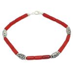 El Coral Bracciale Corallo Rosso  Tubetti da 4x8mm. con Rondelle,  Barilotti e Chiusura Argentati Lunghezza 19cm. 