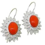 Coralli di Sardegna Pendientes Coral Rojo Cabujón y Hojas Filigrana Plata, 3 cm largo