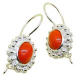 Coralli di Sardegna Earrings Red Coral Cabochon 6x8mm and Silver Filigree Balls, 3cm length
