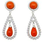 Coralli di Sardegna Earrings Red Coral Cabochon and Drop with Silver Filigree, 4 cm length