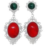 Coralli di Sardegna Earrings Red Coral and Malachite Cabochon with Baroque Silver Filigree