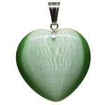 El Coral Ciondolo Occhio di Gatto Verde Chiaro Cuore Bombato da 25mm. Montatura in Argento