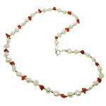 El Coral Necklace White Pearls, Red Coral Chips and Silvered Balls