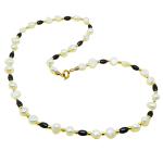 El Coral Necklace White Pearls, Hematite Olives and Golden Balls