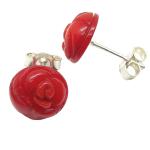 El Coral Earrings Red Coral 10 mm Flat Rose with Silver