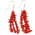 El Coral Earrings Red Coral Points and Silvered elements with 3 Strips, 6 cm length