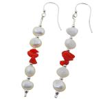 El Coral Earrings White Pearls and Red Coral Chips, 7cm Length