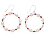 El Coral Earrings Hoop White Pearls, Red Coral and Silvered Balls