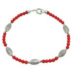 El Coral Bracciale Corallo Rosso Pallini da 3mm. con Pallini, Ovali a Spirale e Chiusura Argentati Lunghezza 19cm. 