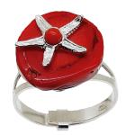 Coralli di Sardegna Ring Red Coral Piece and Ball with Silver Filigree Sea Star Adjustable