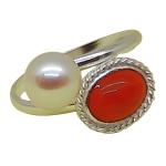 Coralli di Sardegna  Ring Red Coral Cabochon, White Pearl and Silver, Adjustable