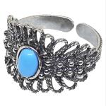 Coralli di Sardegna Sardinian Filigree Ring Silver Burnished Perforated Leaves Turquoise 4x6mm Adjustable