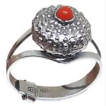 Coralli di Sardegna Red Coral Ring 3mm Burnished Silver Sea Urchin