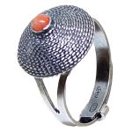 Coralli di Sardegna Ring Pink Coral Ball and Old Silver Filigree Spiral Curved Adjustable
