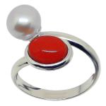 Coralli di Sardegna Anillo Coral Rojo 5x7mm Perla 7mm Plata Ajustable