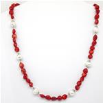El Coral Necklace Red Coral Baroque Balls and White Pearls 55 cm Length
