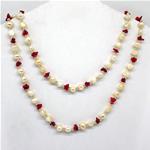 El Coral Necklace White Pearls, Red Coral Chips and Silvered Balls, 80cm