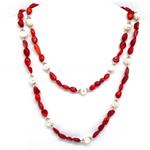 El Coral Necklace Red Coral Baroque Balls and White Pearls 100 cm Length