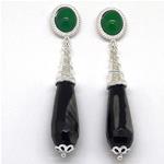 El Coral Earrings Agate Cabochon and Black Green Agate Drop, Silver Filigree