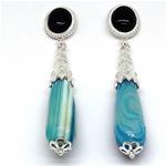 El Coral Orecchini Agata Nera Cabochon e Goccia in Agata Blu con Filigrana Sarda Argento