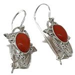 Coralli di Sardegna Earrings Pink Coral Cabochon and Silver Filigree 3 Leaves, 4 cm length