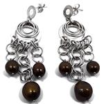 El Coral Earrings Brown Pearls with Silver Escalated Circles Setting