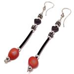 El Coral Earrings Pink Coral Baroque Ball, Hematite Heart and Rubber, 7 cm length