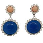 El Coral Earrings Pink Coral and Blue Agate Cabochon Silver Filigree, 4.5 cm length