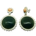 El Coral Earrings Pink Coral and Green Agate Cabochon Silver Filigree, 5 cm length