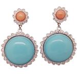El Coral Earrings Pink Coral and Turquoise Paste Cabochon Silver Filigree, 5 cm length