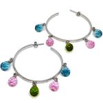 El Coral Pendientes de cristal de color azul verde y rosa con círculo de plata