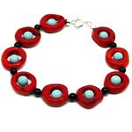 El Coral Bracelet Red Coral Rings, Turquoise and Black Agate Balls