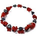 El Coral Bracciale Corallo Rosso Chips da 10mm. e Cuore in Ematite Pallini Argentati e Molla in Acciaio