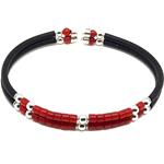 El Coral Bracciale Corallo Rosso Tubetti da 3x2mm. a 2 Fili con Caucciù Pallini Argentati Molle in acciaio e Terminali in Argento