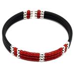 El Coral Bracciale Corallo Rosso Tubetti da 3x2mm. con Caucciù e Pallini Argentati 3 Fili.