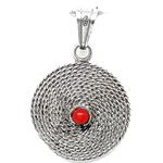 El Coral Pendant Red Coral Ball and Old Silver Filigree Spiral