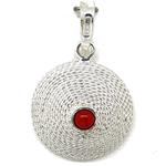 El Coral Pendant Red Coral Ball and Curved Spiral Silver Filigree