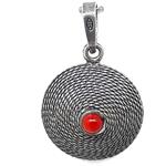 El Coral Pendant Red Coral Ball and Curved Spiral Old Silver Filigree